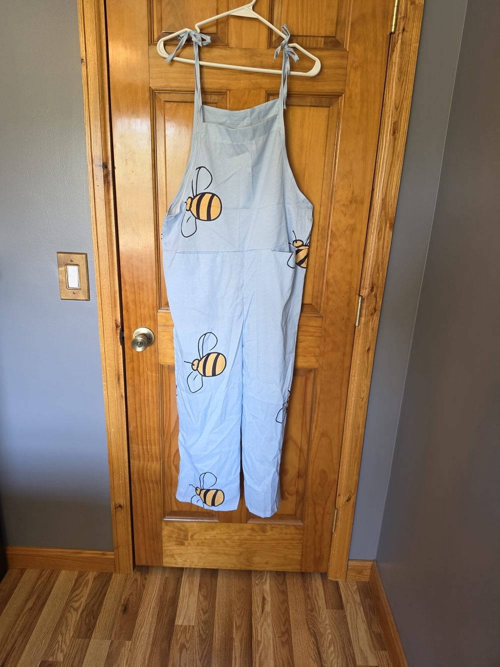 Light Blue Bee Print Tie-Strap Jumpsuit